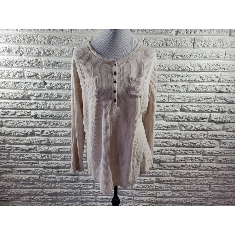 Chaps Womens Top 2X Plus Knit Long Sleeve Pockets Beige Cotton A9E